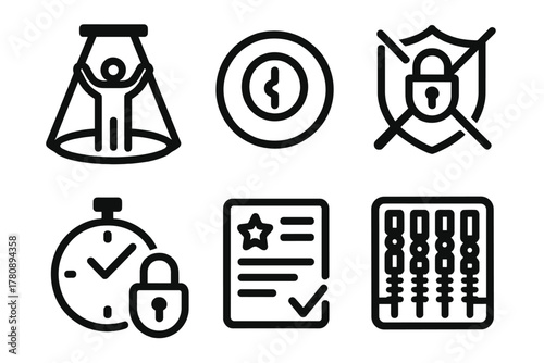 Competitive Lockpicking Icons. Line style icons of Competitive Lockpicking: competition spotlight, lock cylinder ring, lockpick
