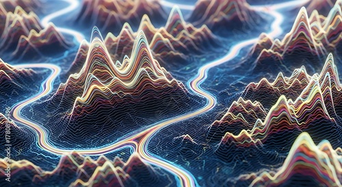 Abstract wireframe terrain with colorful glowing lines, topographic map concept