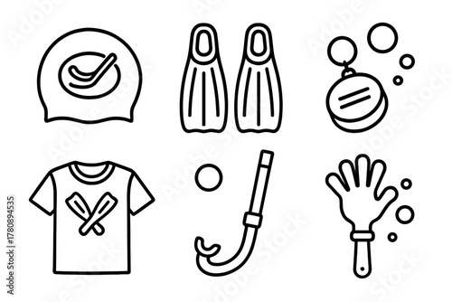 Underwater Hockey Gear Icons. Line style icons of underwater hockey fan gear: logo swim cap, team fins pattern, puck keychain