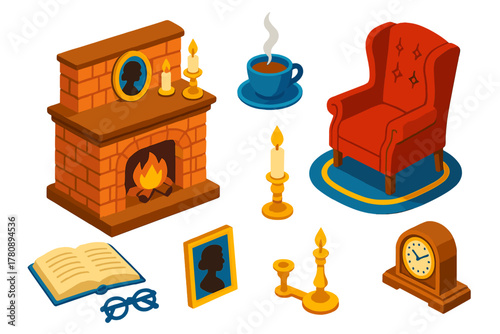 Cozy Reading Nook. Isometric vector illustration set Classic literature – fireplace hearth, high-backed armchair, cozy rug;