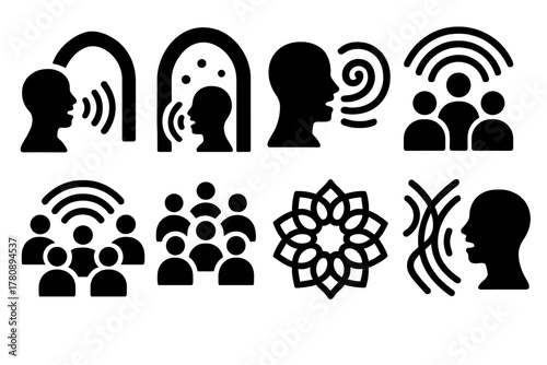 Sacred Sound Symbols. Solid style icons of vocal harmonics in sacred spaces: chant icons, reverb overlays, tone guides. Sonic