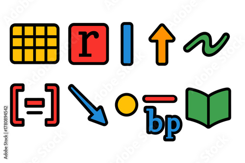 IPA Symbols Icons. Flat vector icons of International Phonetic Alphabet: IPA chart grid, phoneme symbol square, stress mark sign,