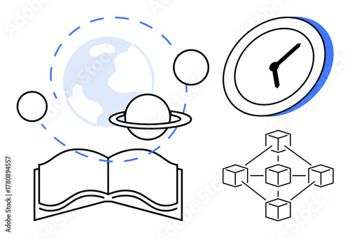 Open book with orbiting planets, clock, and blockchain symbols. Ideal for education, innovation, time management, research, technology learning futuristic concepts. Simple flat metaphor