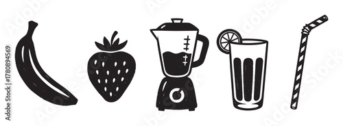 Black and white drawing of a banana, strawberry, blender, glass with a lemon slice, and a striped straw.