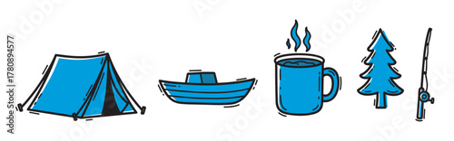 Black and blue outline icons of a camping tent, small boat, steaming mug, pine tree, and fishing rod, depicted with a simple, minimal design.