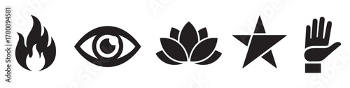 Black silhouette icons including a flame, eye, lotus flower, star, and raised hand, representing various symbolic elements.