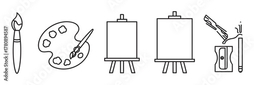 Black outline vector icons of painting tools including a paintbrush, palette with paint blobs, two easels, and a pencil with a sharpener.