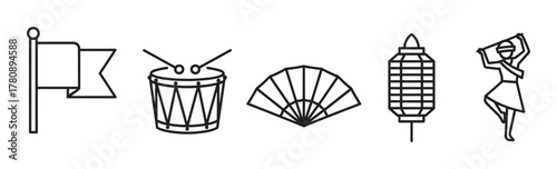 Black outline icons of a flag, drum with sticks, folding fan, hanging lantern, and person dancing.