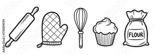 Black outline drawings of a rolling pin, oven mitt, whisk, cupcake, and bag of flour, representing baking tools and ingredients.