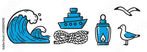 Nautical theme icons featuring a wave, ship, rope, lantern, and seagulls, drawn in black outlines with blue accents.