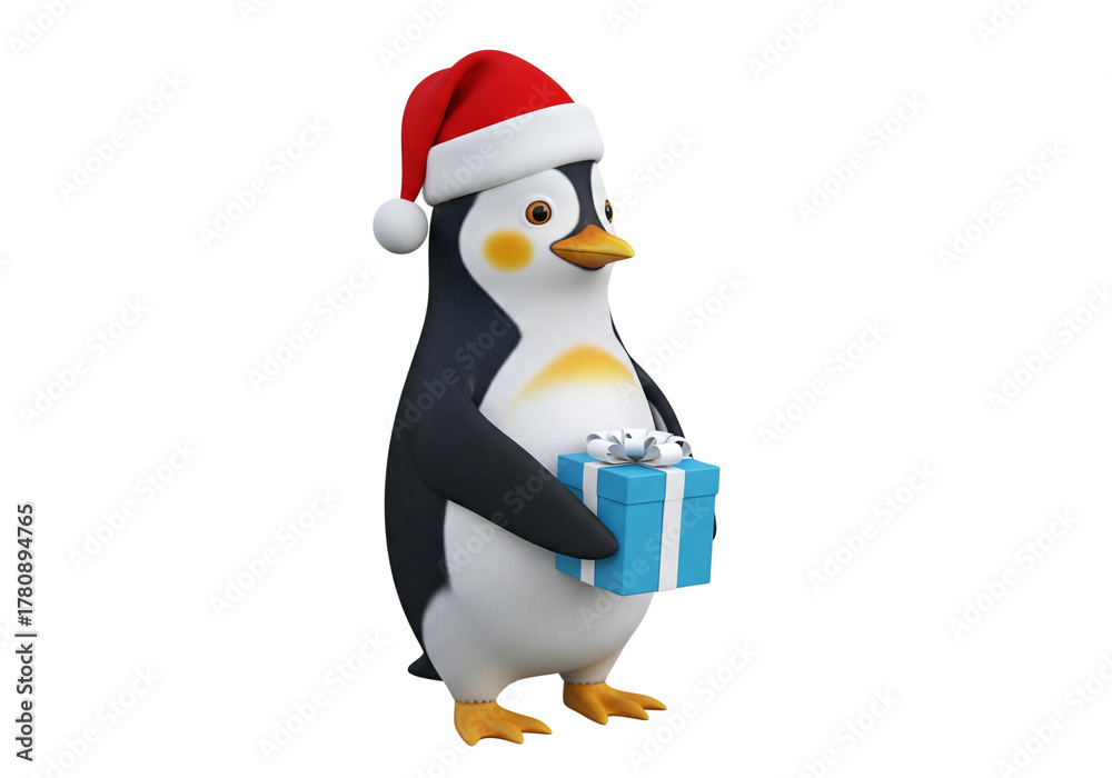 Fototapeta premium Festive 3D Cartoon Penguin in Santa Hat Holding a Blue Christmas Gift Box Isolated on White