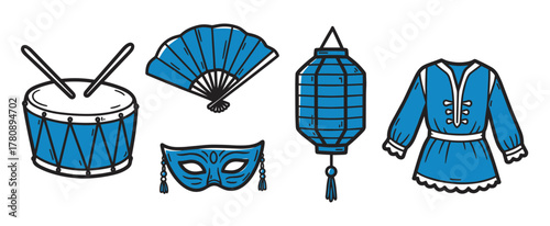 Colorful sketch-style icons depicting a drum with sticks, a hand fan, a masquerade mask, a hanging lantern, and a traditional dress, all outlined in blue.