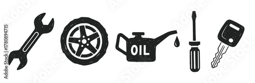Black and white hand-drawn icons of a wrench, car wheel, oil can, screwdriver, and car key, symbolizing automotive tools and maintenance.