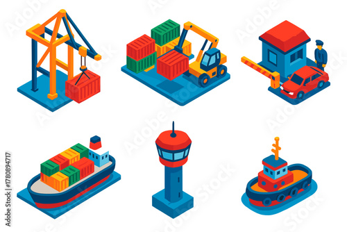 Port Management Icons. Isometric vector illustration set Port Management: shipping cranes, container yard, docked cargo vessel,