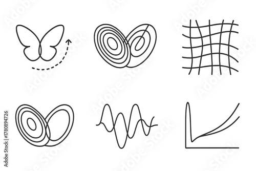 Chaos Theory Icons. Line style icons of chaos theory visuals: butterfly effect path, Lorenz attractor spiral, chaotic grid,