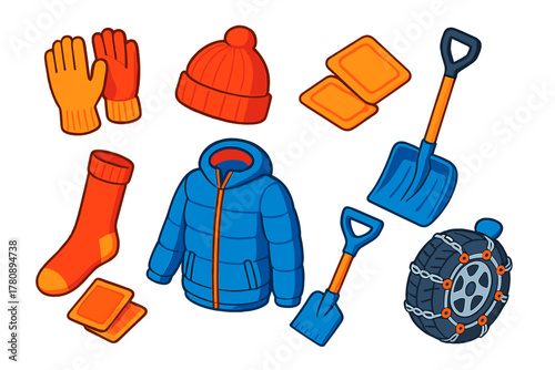 Cold Weather Essentials. Line style icons of glacier monitoring: satellite view of glacier, glacier melt tracking station, ice