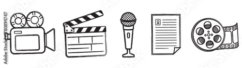 Hand-drawn icons of a film camera, clapperboard, microphone, script, and film reel, representing various elements of the filmmaking process.