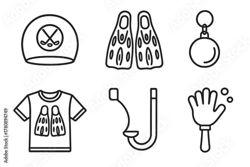Underwater Hockey Gear Icons. Line style icons of underwater hockey fan gear: logo swim cap, team fins pattern, puck keychain