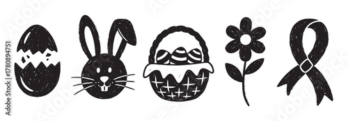 Hand-drawn black and white illustrations of an easter egg, a rabbit head, a basket with eggs, a flower, and an awareness ribbon.