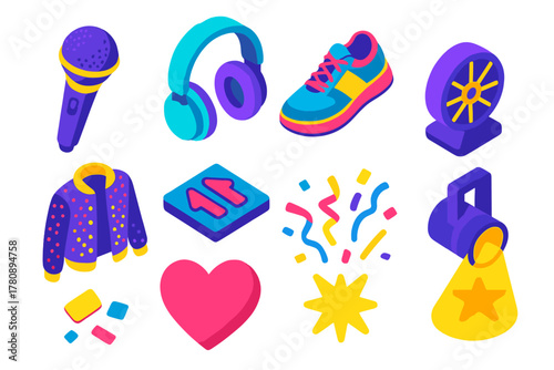 Vibrant Musical Icons. Isometric vector illustration set Musical genres – pop microphone, glitter headset, dance shoe; sequined