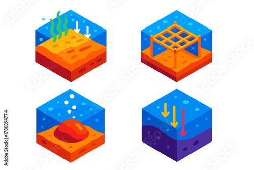 Ocean Floor Processes. Isometric vector illustration set Ocean Floor Processes: Organic burial layer, sediment trap grid, methane