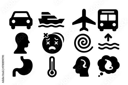 Motion Sickness Icons. Solid style icons of kinetosis and motion sickness: car, boat, airplane, bus, human silhouette, dizzy face,