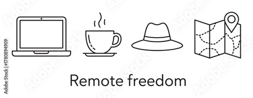 Minimalistic black outline icons depicting a laptop, steaming coffee cup, fedora hat, and map with a marker, symbolizing remote work and travel lifestyle.