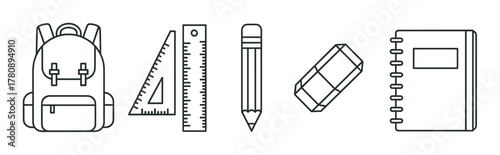 Black outline icons of a backpack, triangular ruler, pencil, eraser, and spiral notebook arranged in a row for educational and school-related concepts.