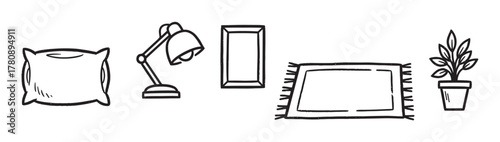 Black outline vector icons of a pillow, desk lamp, picture frame, rug, and potted plant arranged in a row. minimalist illustrations for home and interior design concepts.