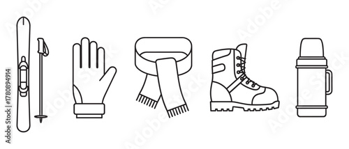 Black outline vector icons depicting essential winter gear including skis, gloves, a scarf, hiking boots, and a thermos.