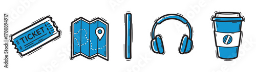 Blue and black outlined icons of a ticket, map, smartphone, headphones, and coffee cup, representing travel and leisure activities.