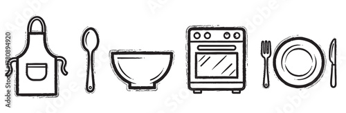 Black outline vector icons of kitchen items including an apron, spoon, bowl, oven, and a complete place setting with a plate, fork, and knife.