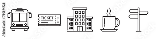 Black outline icons depicting a bus, a ticket, a building, a steaming cup, and a directional sign, representing travel and navigation themes.