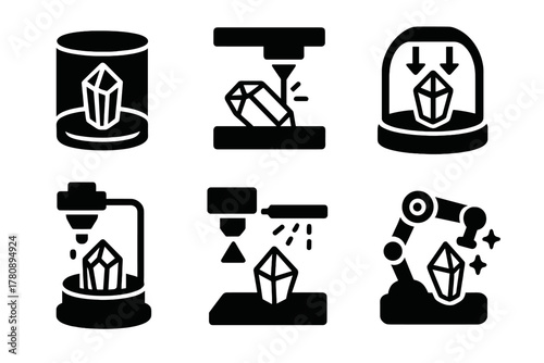 Crystalline Chip Manufacturing. Solid style icons of crystalline chip manufacturing: precision growth vats, laser cutters,