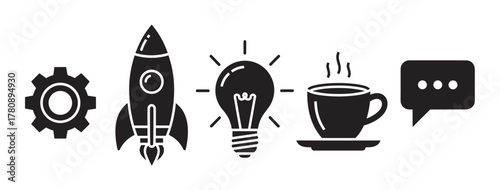 Black silhouette icons of a gear, rocket, light bulb, coffee cup, and speech bubble, representing innovation and communication.