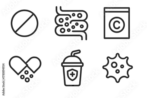 Immune System Icons. Line style icons of immune system biohacking: zinc tablet, gut flora diagram, vitamin C pack, immune booster