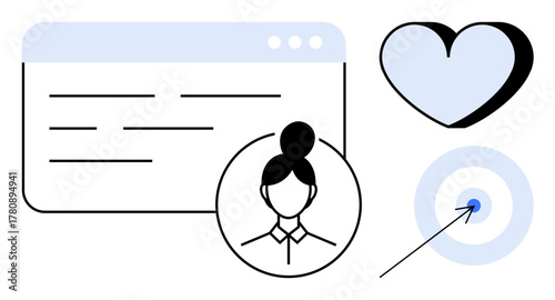 User profile inside a circle, large heart, and target icon with arrow. Ideal for online identity, user engagement, audience targeting, marketing, customer connection, success simple flat metaphor