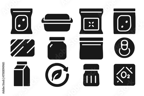 Modern Packaging Icons. Solid style icons of modern packaging preservation: vacuum bag, plastic container, foil pouch, modified