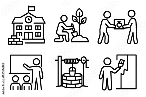 Community Service Icons. Line style icons of community service activities: building school icon, planting trees symbol,