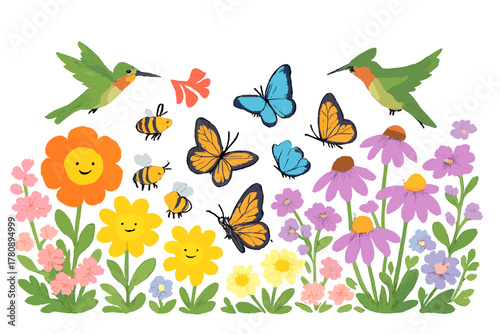 Pollinator Meadow Harmony. Pollinator meadow with bees, butterflies, and hummingbirds working together among smiling blossoms No