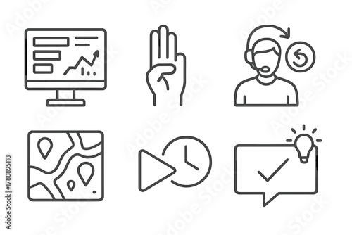 Game Coaching Icons. Line style icons of real-time game coaching: live stat overlay, timeout gesture icon, round reset coaching,