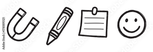 Hand-drawn black outline icons of a horseshoe magnet, a crayon, a notepad with a circle clip, and a smiley face on a plain background.