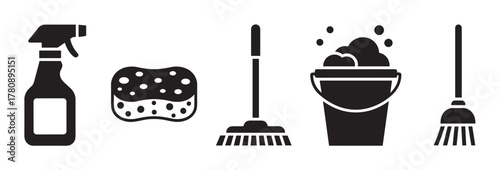 Set of black silhouette cleaning tools including a spray bottle, sponge, mop, bucket with suds, and broom arranged in a row.