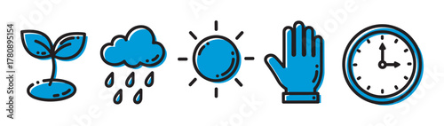 Black outline icons with blue accents depicting a sprouting plant, a rain cloud with drops, a sun, a hand, and a clock, representing various concepts and activities.
