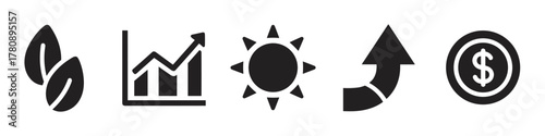 Black icons of coffee beans, ascending graph, sun, upward arrow, and dollar coin in a sequence.