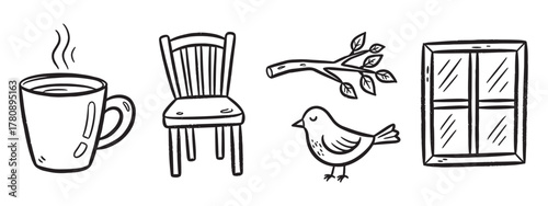 Black outline vector icons of a steaming cup, a wooden chair, a bird on a branch, and a window, each depicted in a minimalist linear style.