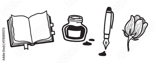 Black and white hand-drawn illustrations of an open book, ink bottle with ink drops, a fountain pen, and a single flower.