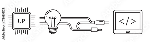 Black outline icons of a microchip labeled "up," a light bulb connected with wires, and a tablet with code brackets display.