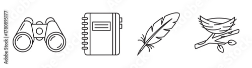 Black outline vector icons of binoculars, a notebook, a feather, and a nest on a branch. simple linear illustrations for exploration and nature concepts.