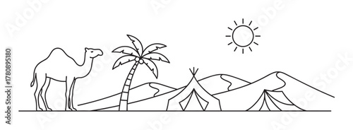 Simple black outline drawing of a camel standing near palm trees beside two triangular camping tents with sun shining overhead in a desert landscape.